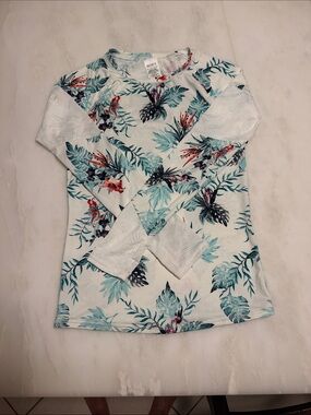 Roxy Girls' White Tropical Leaf Long Sleeve Tee with Teal & Coral Accents